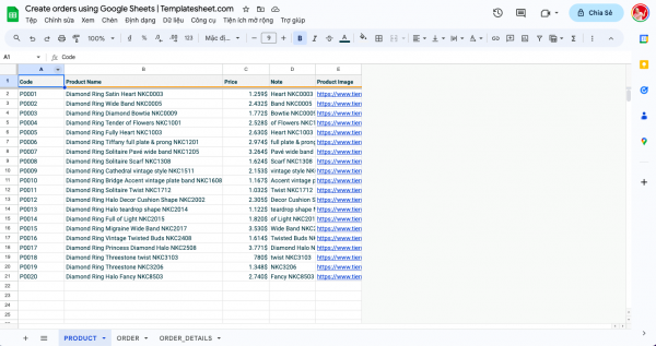 Create orders using Google Sheets