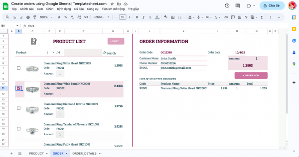 Create orders using Google Sheets