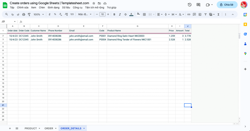 Create orders using Google Sheets