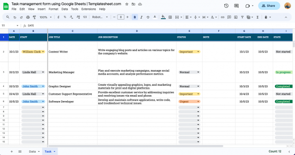 Task management form using Google Sheets